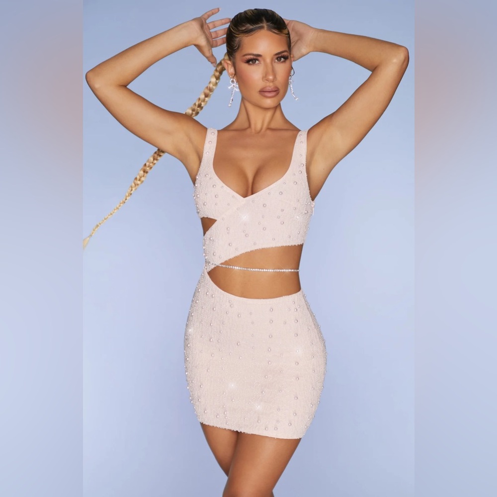 Oh Polly EPERNAY Embellished Cut Out Mini‎ Dress in Blush NWT US size 8